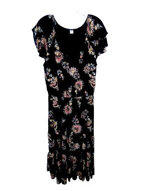 Old Navy Women's Double Ruffle Short Sleeve Maxi Black Flora Print Dress Size L